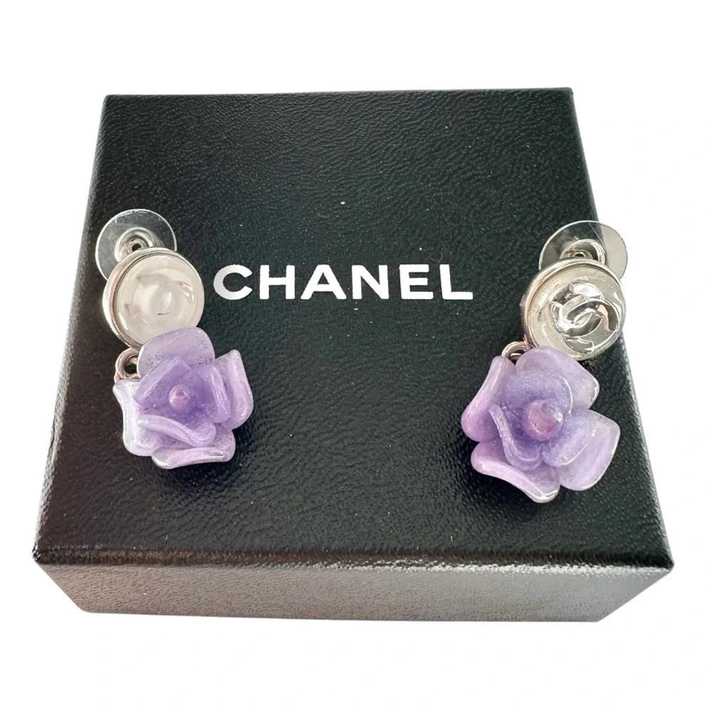 Chanel Purple Camellia Flower Silver Studded Earring Set with Box - Picture 12 of 15